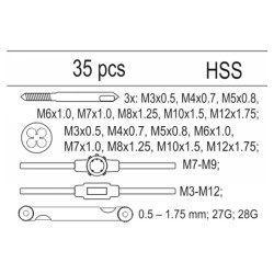 YATO Menetfúró és metsző készlet (kézi) 35 részes HSS M3-M12-ig (fiókbetét)